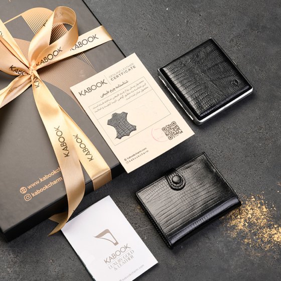 ست کیف کارت 4لت و جعبه سیگار چرم مشکی لیزارد