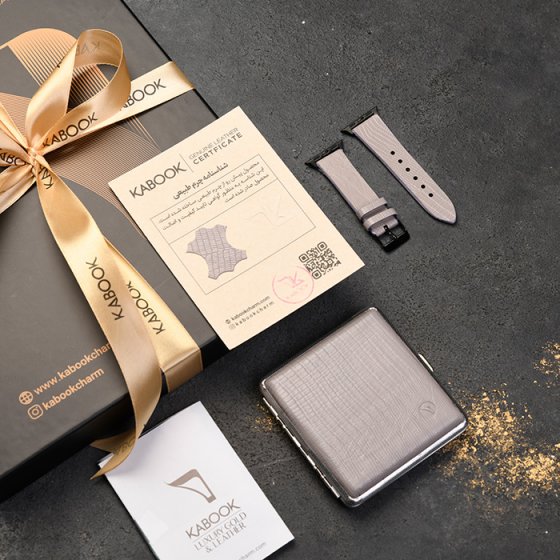 ست جعبه سیگار و بند اپل واچ چرم خاکستری