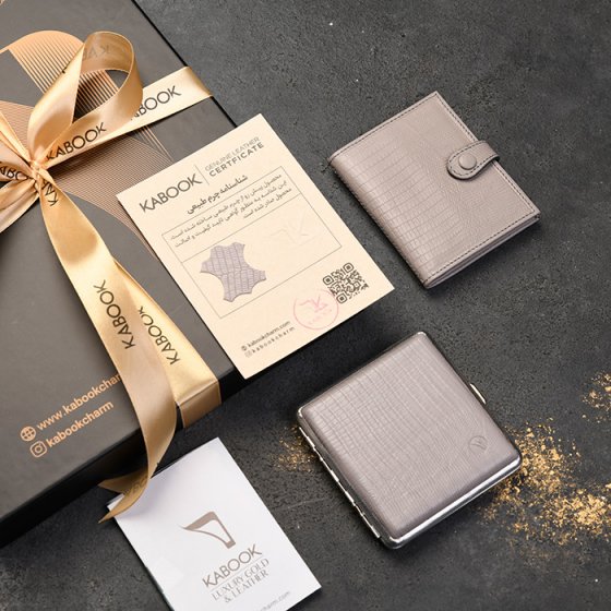 ست جعبه سیگار و کیف کارت 4 لت چرم خاکستری