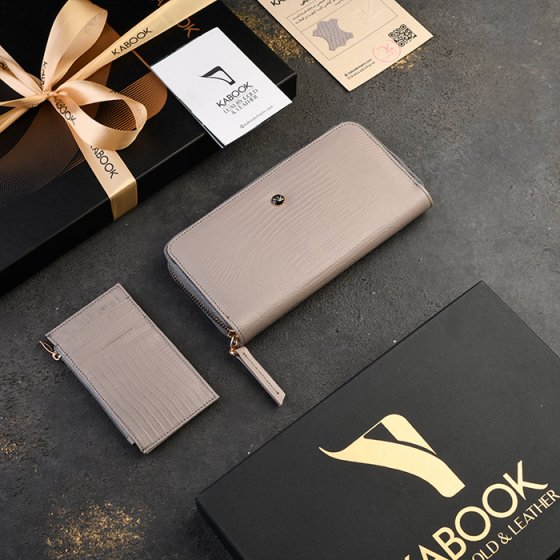 ست کیف کارت زیپی وکیف پول زنانه چرم خاکستری