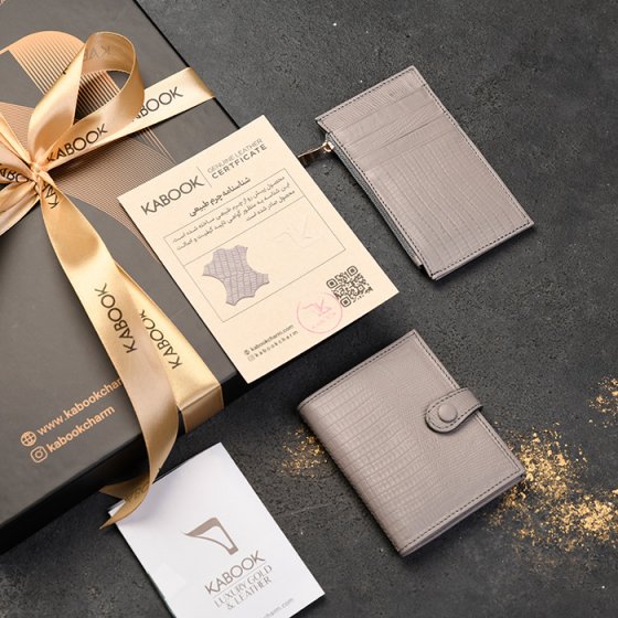 ست کیف کارت زیپی و کیف کارت 4 لت چرم خاکستری