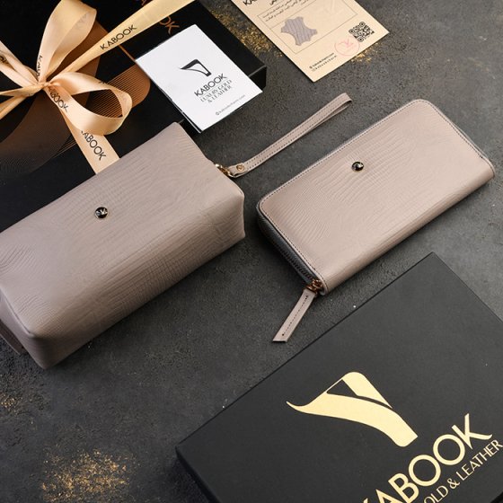 ست کیف آرایشی و کیف پول زنانه چرم خاکستری