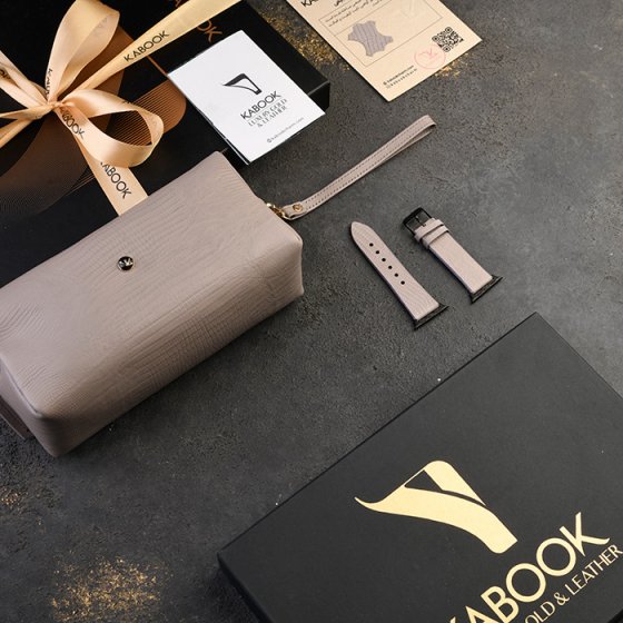 ست کیف آرایشی و بند اپل واچ چرم خاکستری