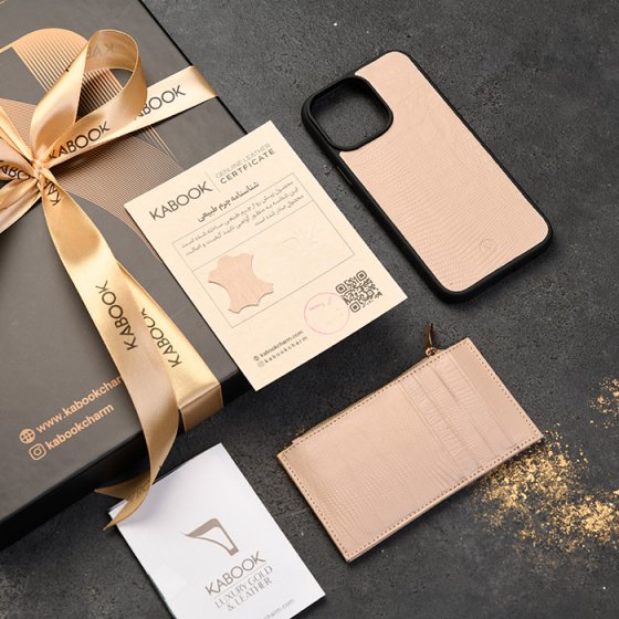 ست قاب موبایل و کیف کارت زیپی زنانه چرم کرم