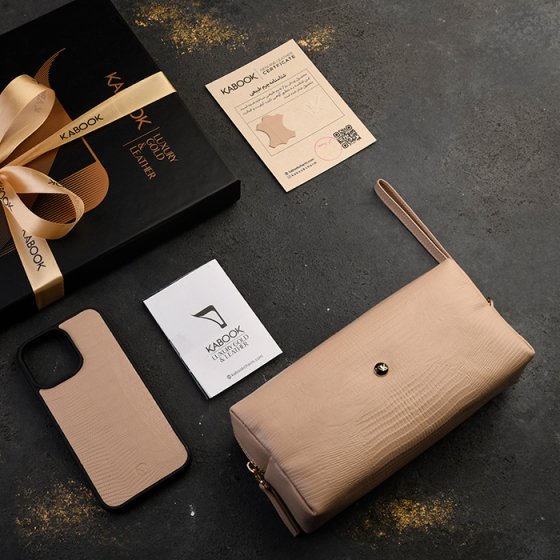 ست قاب موبایل و کیف آرایشی زنانه چرم کرم