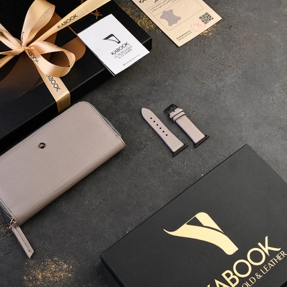 ست کیف پول زنانه و اپل واچ چرم خاکستری