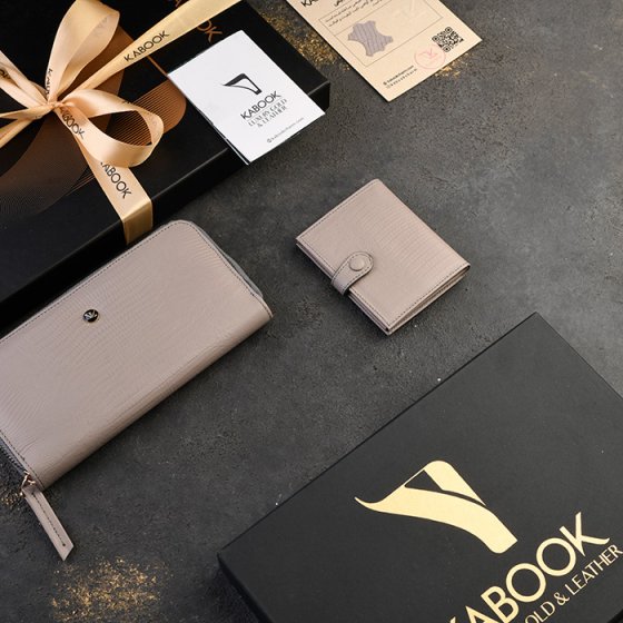 ست کیف پول زنانه و کیف کارت 4 لت چرم خاکستری