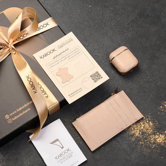 ست قاب ایرپاد و کیف کارت زیپی زنانه چرم کرم