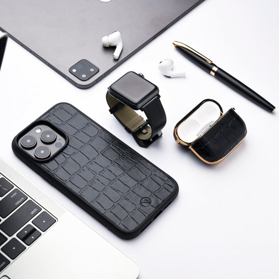 ست قاب موبایل بند اپل واچ قاب ایرپاد چرم مشکی کروکودیل