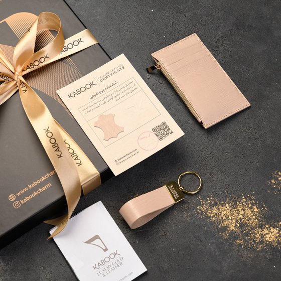 ست جاکلیدی و کیف کارت زیپی چرم کرم