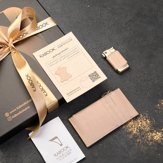 ست فندک و کیف کارت زیپی زنانه چرم کرم