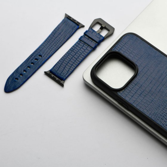 ست قاب و بند اپل واچ چرم سورمه ای لیزارد