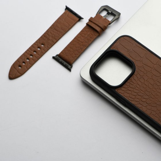 ست قاب و بند اپل واچ چرم عسلی