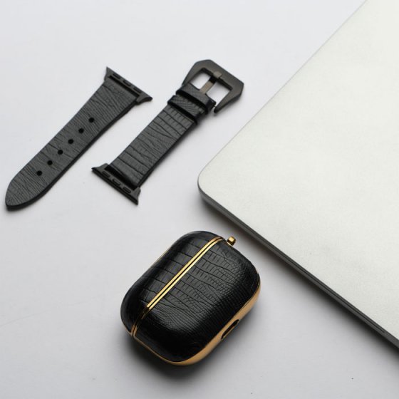 ست بند اپل واچ و قاب ایرپاد چرم مشکی لیزارد