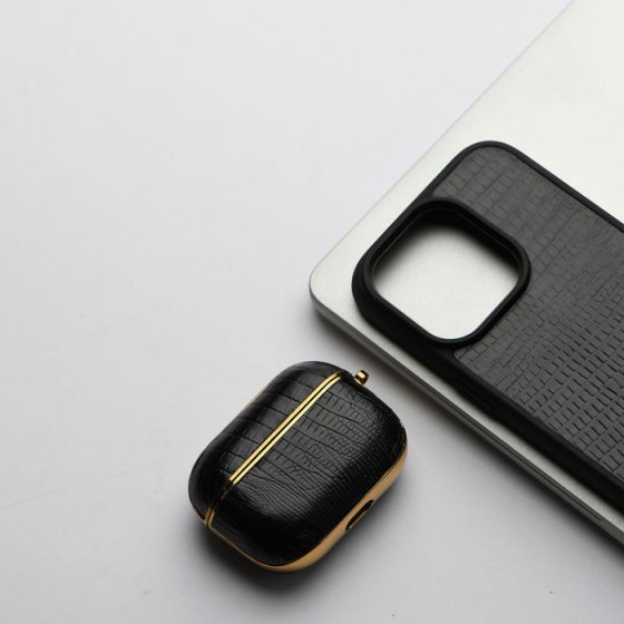 ست قاب و قاب ایرپاد چرم مشکی لیزارد