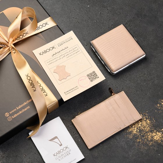 ست جعبه سیگار و کیف کارت زیپی زنانه چرم کرم