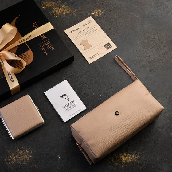 ست جعبه سیگار و کیف آرایشی زنانه چرم کرم