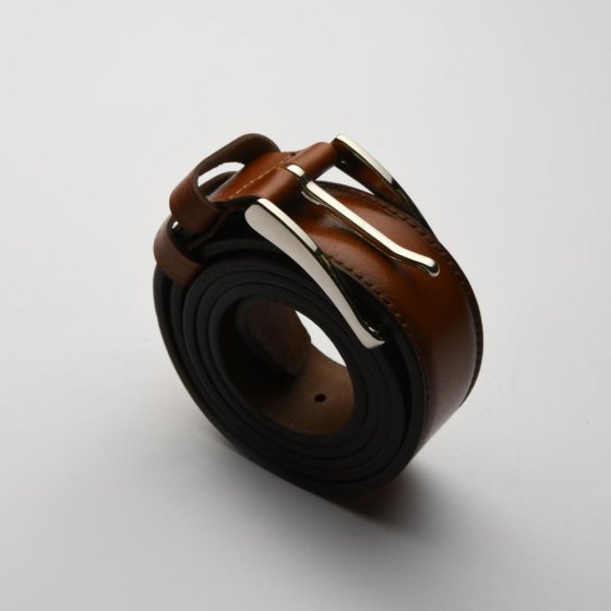 کمربند چرم مردانه کلاسیک عسلی سگک نقره ای