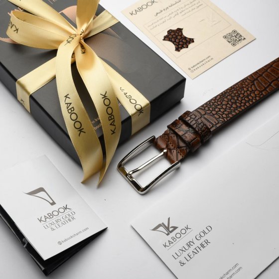 کمربند چرم مردانه عسلی کروکودیلی