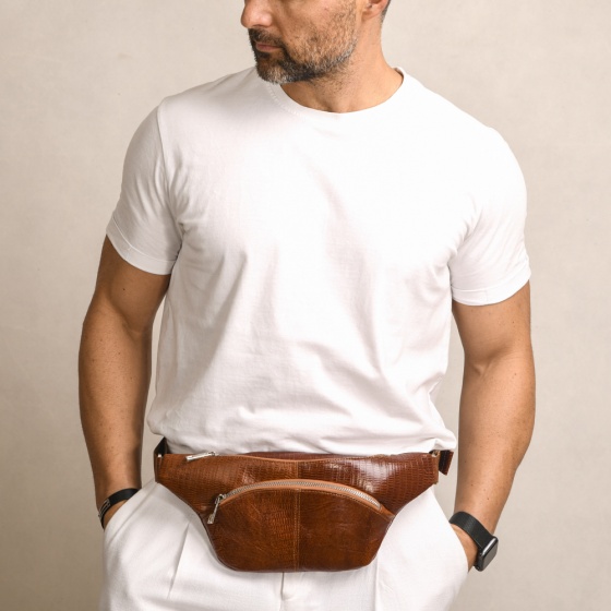 کیف کمری طرح شاهین چرم لیزارد عسلی k