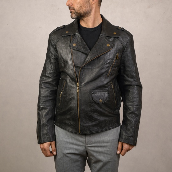 کاپشن چرم مردانه طرح پلیسی بدون کمربند پوست ماری