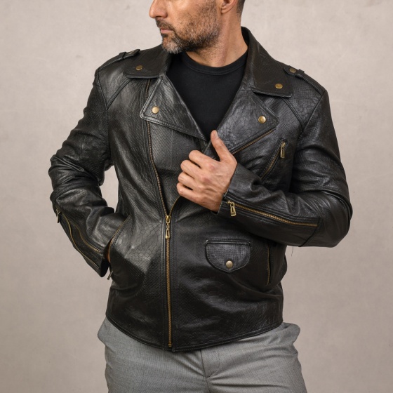 کاپشن چرم مردانه طرح پلیسی بدون کمربند پوست ماری