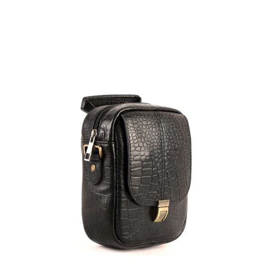 کیف دوشی مردانه طرح نگین کوچک چرم کروکودیل مشکی