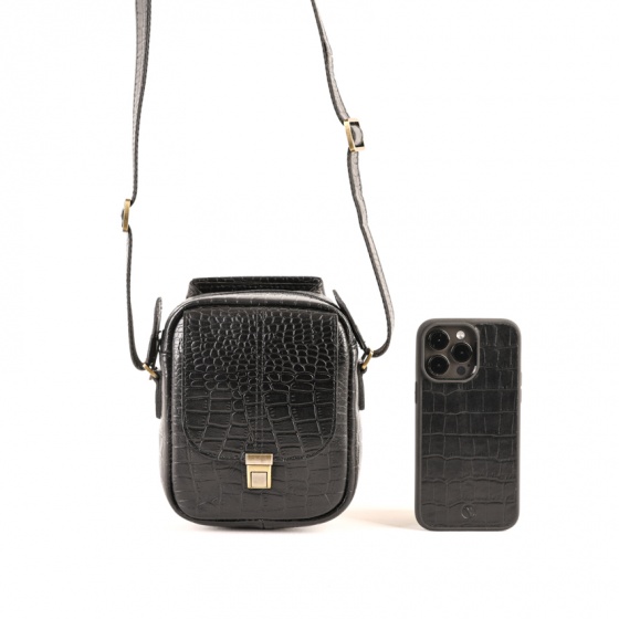 کیف دوشی مردانه طرح نگین کوچک چرم کروکودیل مشکی