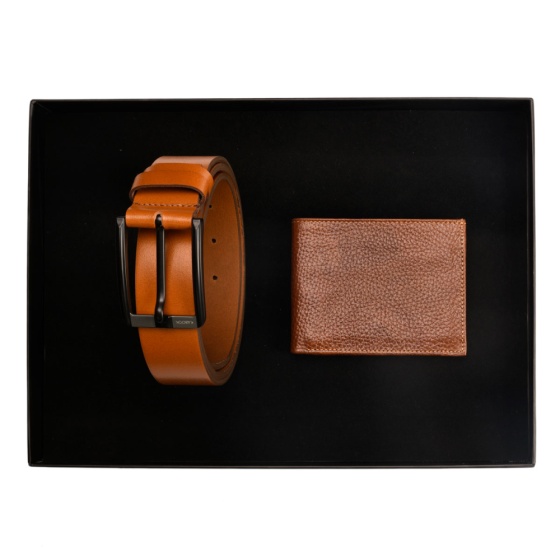 ست هدیه چرم کیف پول جیبی و کمربند عسلی