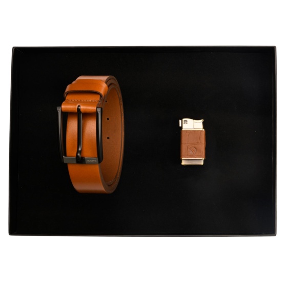 ست هدیه چرم کمربند و فندک عسلی