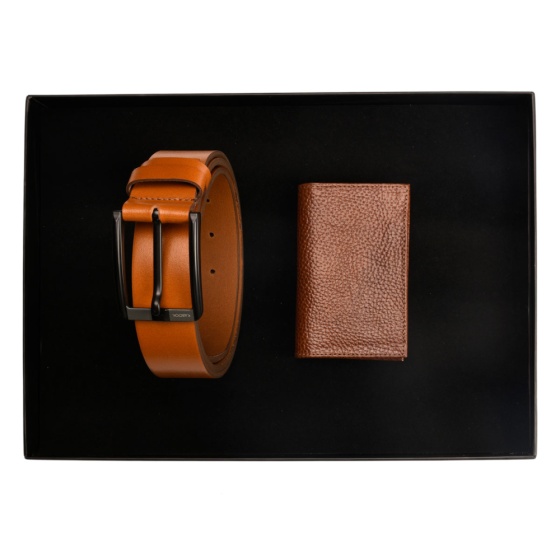 ست هدیه چرم کیف کارت و کمربند عسلی