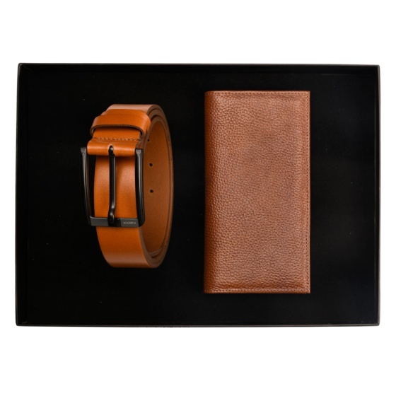 ست هدیه چرم کیف پول کتی و کمربند عسلی