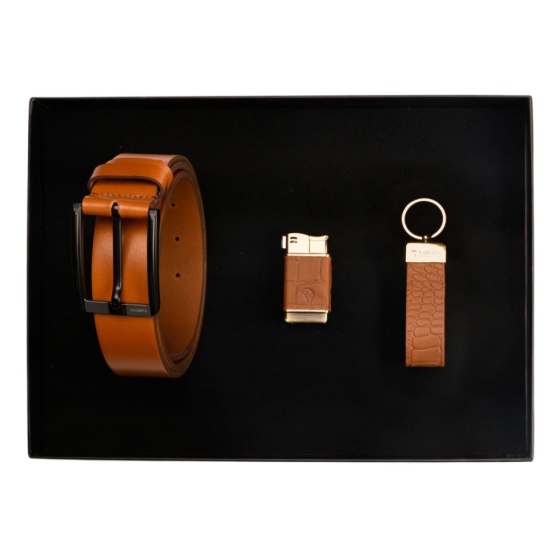 ست هدیه چرم جاکلیدی و فندک و کمربند عسلی