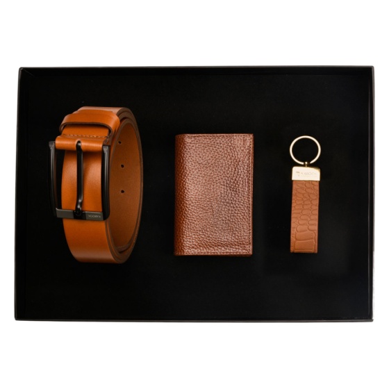 ست هدیه چرم کیف کارت و جاکلیدی و کمربند عسلی