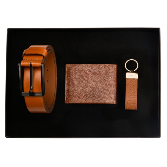 ست هدیه چرم کیف پول جیبی و جاکلیدی و کمربند عسلی