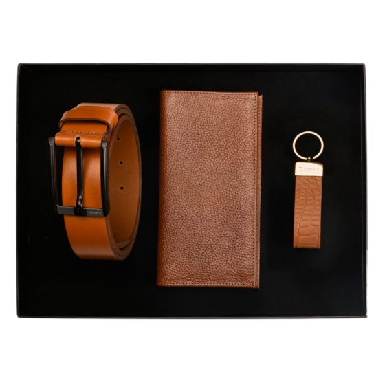 ست هدیه چرم کیف کتی و جاکلیدی و کمربند عسلی