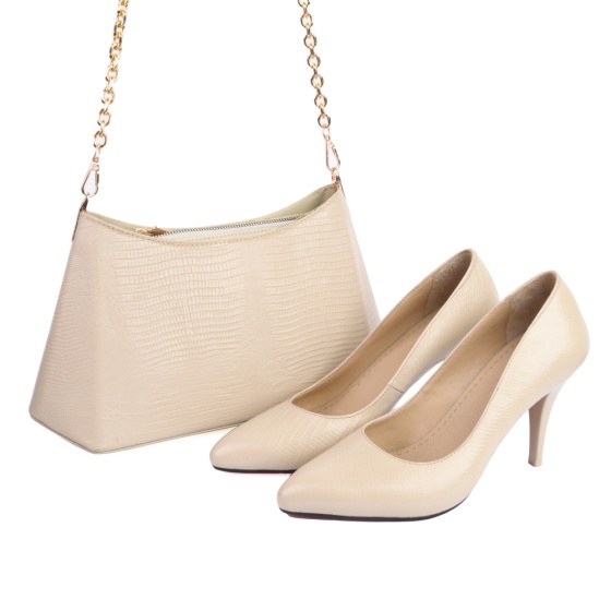 ست کیف و کفش زنانه چرم لیزارد کرم