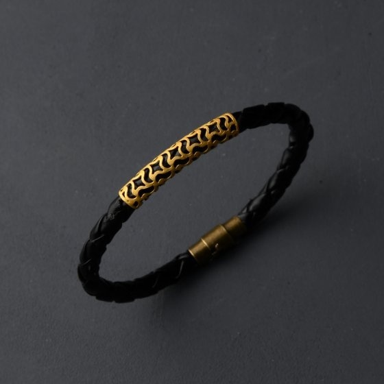 دستبند مردانه طلا چرم طرح فیوژن 1