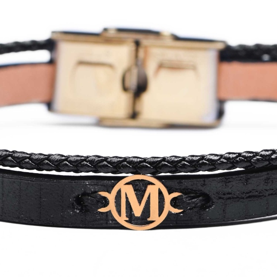 دستبند زنانه طلا چرم حرف M