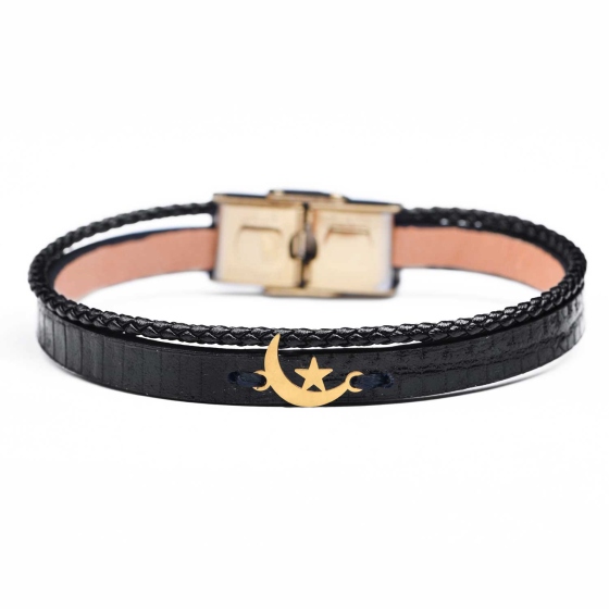 دستبند زنانه طلا چرم طرح ماه و ستاره