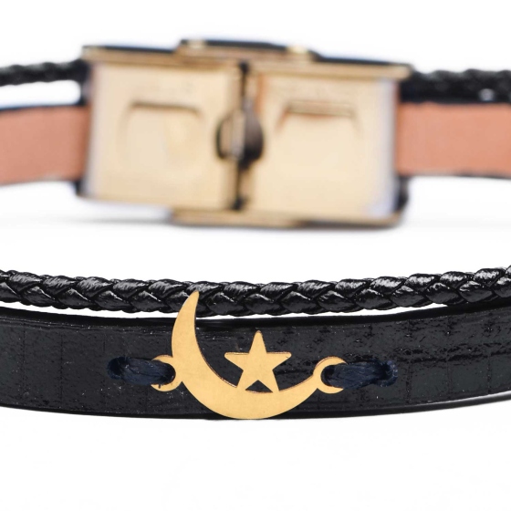 دستبند زنانه طلا چرم طرح ماه و ستاره