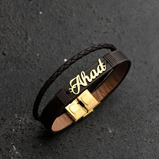 دستبند طلا چرم با پلاک اسم احد