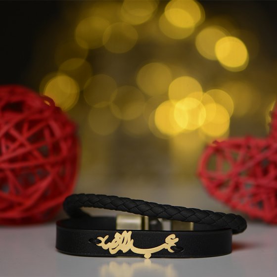 دستبند طلا چرم پلاک اسم عبدالرضا