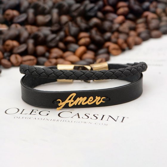 دستبند طلا چرم با پلاک اسم عامر