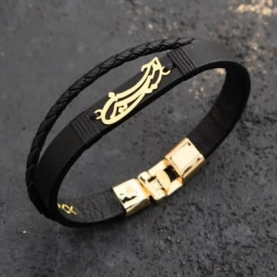 دستبند طلا چرم با پلاک اسم امیرحسین