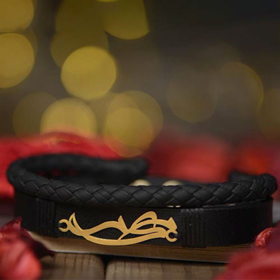 دستبند طلا چرم با پلاک حرف میم