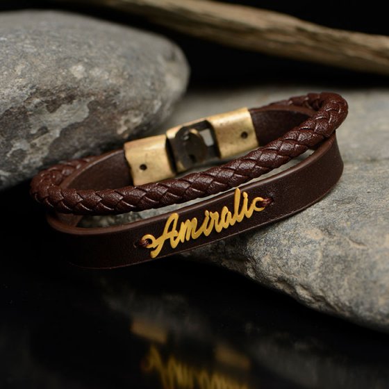 دستبند طلا چرم با پلاک اسم امیرعلی