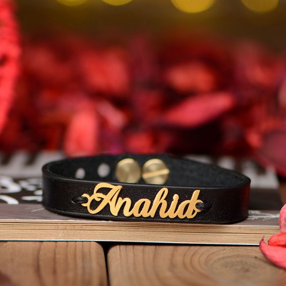 دستبند طلا چرم با اسم آناهید