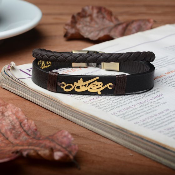 دستبند طلا چرم با پلاک اسم بهتاش