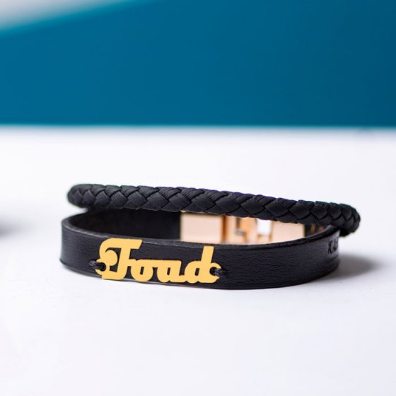 دستبند طلا چرم با پلاک اسم فواد